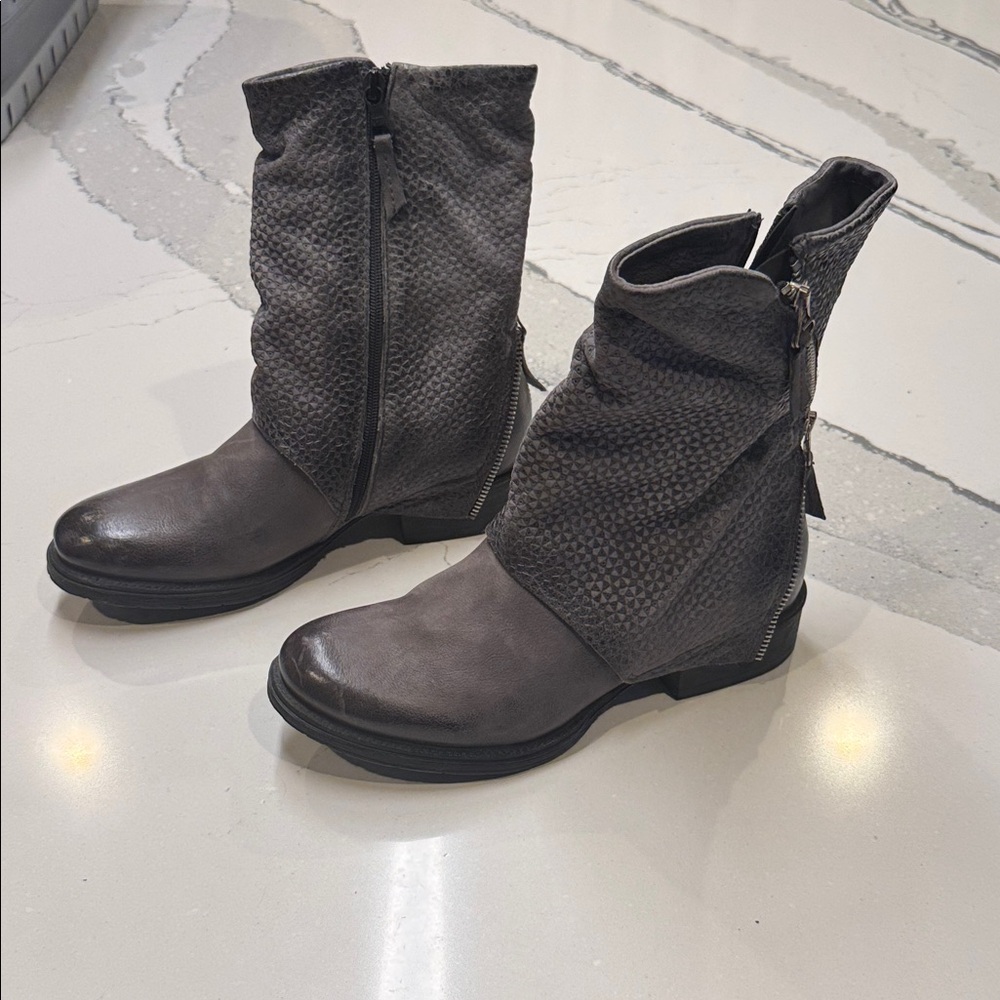 Miz Mooz Gray Textured Leather Ankle Boots